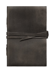 Old worn black leather notebook isolated on transparent background