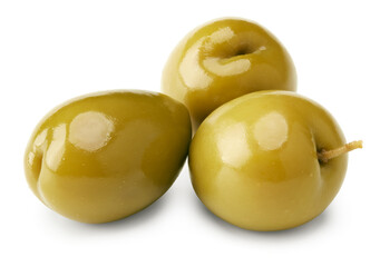 green olives isolated on white background. clipping path