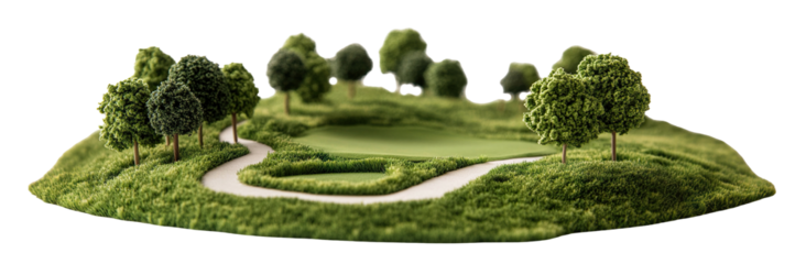 Miniature golf course landscape with trees and green field, isolated on transparent cutout background