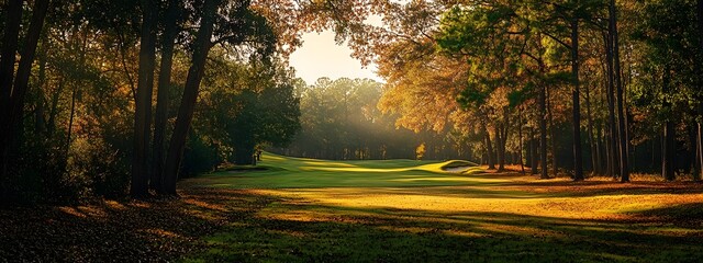 Obraz premium A wide shot of the iconic golf ground in the pine forestin autumn, overlooking the green and sand-colored fairway with beautiful trees and a blue sky in the background