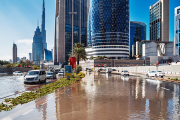 Dubai. Heavy Rain and Flooded Street in UAE. horizontal