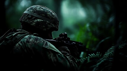 A soldier in camouflage gear aims his rifle while hidden in a lush forest.