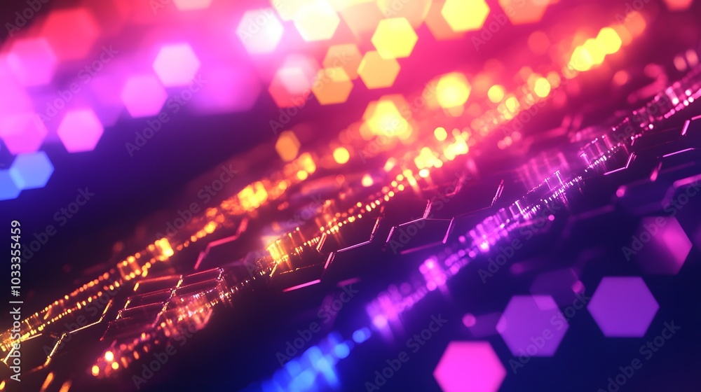 Poster abstract hexagon pattern illuminated with colorful lights