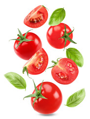flying fresh tomatoes with green leaves isolated on white background. clipping path