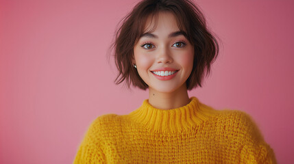 Fototapeta premium a portrait of a smiling woman in a yellow sweater with a pink background
