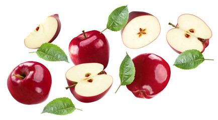flying red apples with green leaves isolated on white background. clipping path