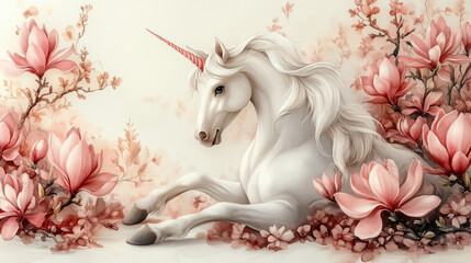 Cute Unicorn with Magnolia Flowers Isolated on White Background