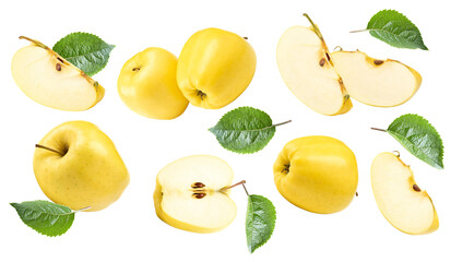 flying yellow apples with green leaf and slices isolated on a white background. clipping path