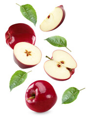 flying red apples with green leaves isolated on white background. clipping path