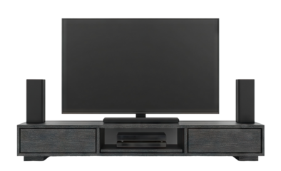 Home cinema setup with large screen TV and speakers, isolated on transparent cutout background