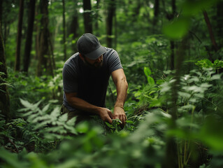 Obraz premium A man in a gray cap and shirt is crouched down in a lush green forest, carefully examining a plant. The dense foliage surrounds him, creating a serene and natural atmosphere.