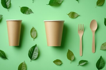 Eco-friendly paper cups and wooden cutlery on a green background with fresh leaves for sustainable dining concepts