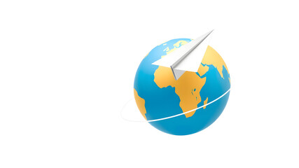 A paper airplane is flying over a globe