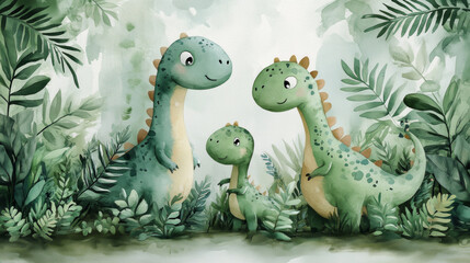 Naklejka premium Majestic Dinosaurs Roaming in a Lush Tropical Jungle with Palm Leaves and Waterfall