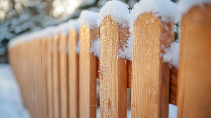 Close-Up of Wooden Fence with Snow on Top