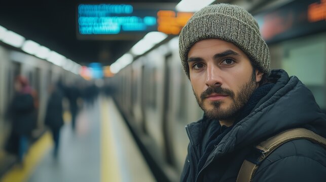 a man with a beard on a subway platform looking at the camera with a serious look on his face
