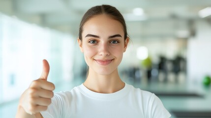 Happy Fitness Instructor Encouraging in Bright Studio with Yoga Mats and Workout Equipment in Background