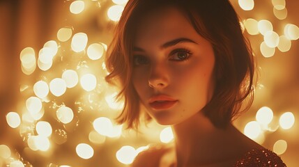 Fototapeta premium A woman with short hair and red dress is standing in front of a lighted background