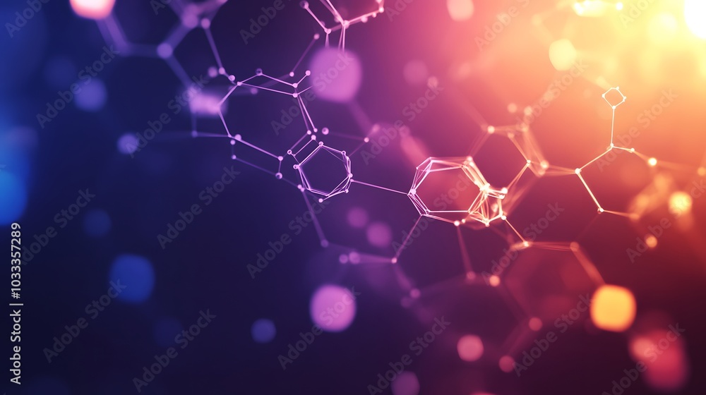Poster abstract geometric network with bokeh lights and hexagon shapes