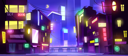 Downtown street with neon glowing signs at night. Dark city landscape with illumination. Cartoon vector Japanese or Chinese urban scenery with modern architecture. Futuristic cyberpunk town nightlife. © klyaksun
