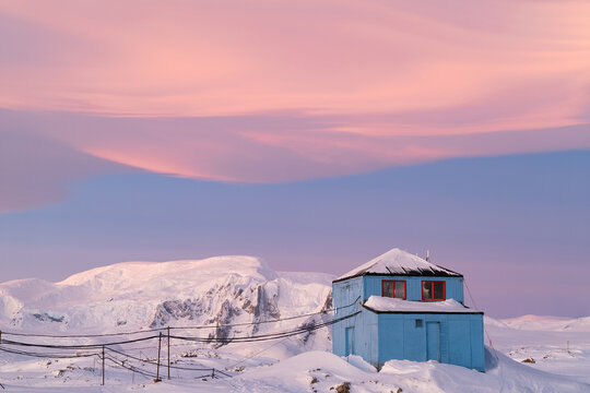 Cloudscape with rare Nacreous clouds at sunset in Antarctica. Sk