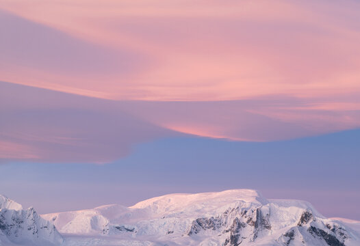 Cloudscape with rare Nacreous clouds at sunset in Antarctica. Sk