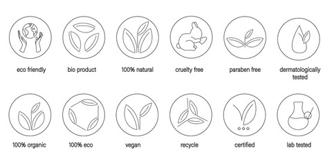 Vector set of logo design, icons and badges for natural and organic cosmetics; cruelty free, organic, natural , eco, vegan, recycle, bio product, lab tested, certified, paraben free and eco friendly.