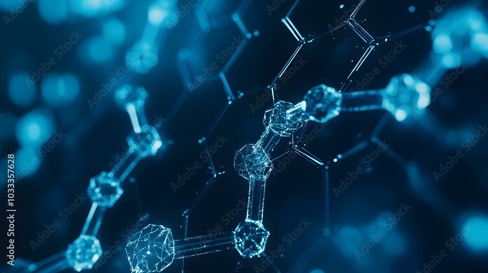 Poster abstract blue molecular structure with interconnected nodes
