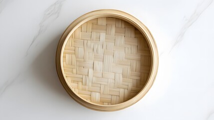 bamboo steamer on white background, top view. 