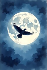 Fototapeta premium Silhouette of bird with graceful flight against full moon in night sky
