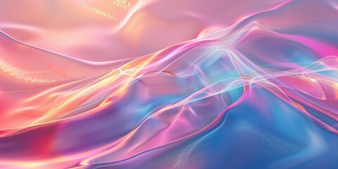 Abstract holographic background featuring fluid, iridescent waves in soft pastel shades of pink, blue, purple
