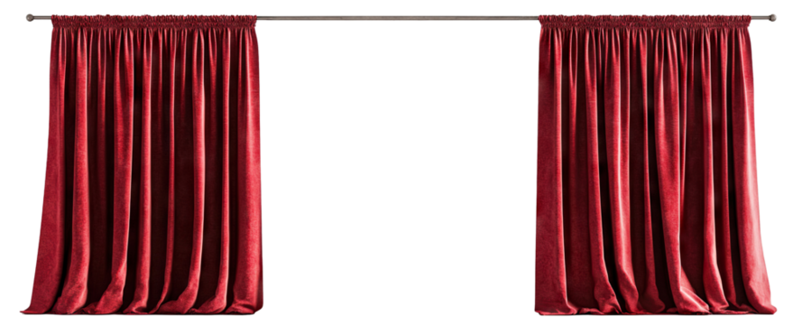 Vintage red curtains hanging on a rod, isolated on transparent cutout background