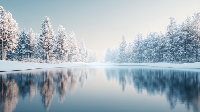 a lake surrounded by snow covered trees in the wintertime