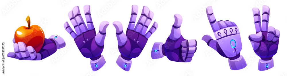 Poster ai robot hand gesture icon set. virtual mechanical arm point and thumb up finger position. futuristi