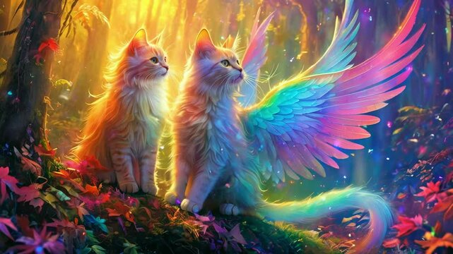 Light Winged Cats Explore the Rainbow Forest