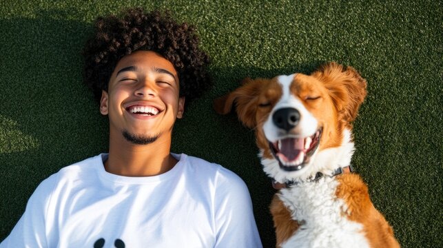 Young man and dog sharing joyful moments on grass