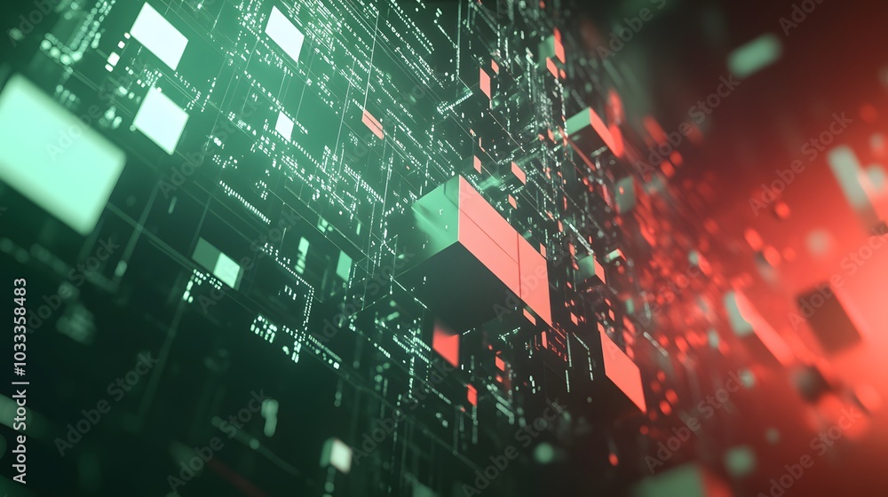 Poster abstract 3d render of a green and red digital network