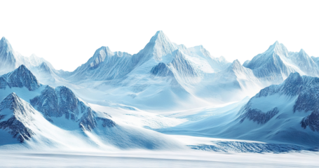 Majestic icy mountains in a snowy landscape, isolated on transparent cutout background