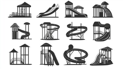 Set of black and white  icons of playground slides and structures