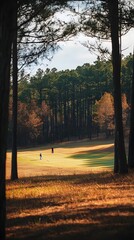 A wide shot of the iconic golf ground in the pine forestin autumn, overlooking the green and sand-colored fairway with beautiful trees and a blue sky in the background