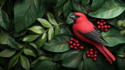 Fototapeta premium Birds gathering around red berries, lush forest background, photorealistic 3D style, detailed leaf textures, wildlife theme
