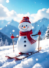 Fototapeta premium A cute smiling snowman is skiing in the snow-covered mountains in winter, with beautiful clouds in the blue sky. Christmas atmosphere.