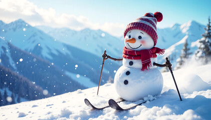Fototapeta premium A cute smiling snowman is skiing in the snow-covered mountains in winter, with beautiful clouds in the blue sky. Christmas atmosphere.