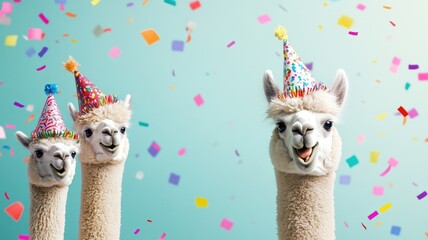 Three alpacas in festive party hats enjoying a celebration with colorful confetti on a bright background.