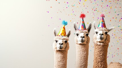 Three alpacas in colorful party hats, surrounded by falling confetti, creating a festive atmosphere.