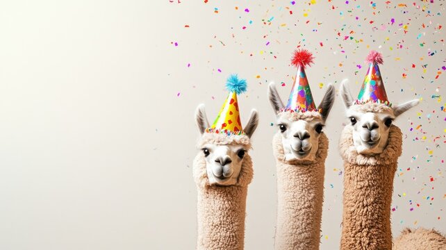 Three alpacas in colorful party hats, surrounded by falling confetti, creating a festive atmosphere.