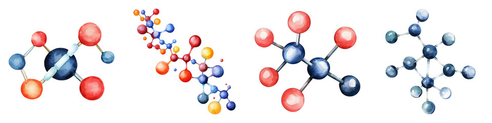 Molecular structures represented in vibrant colors on a black background, showcasing various arrangements of atoms and bonds.