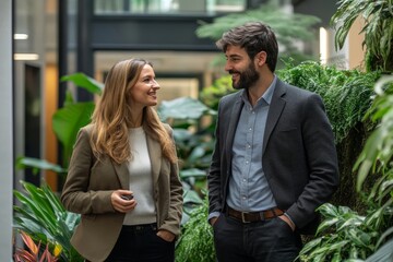 Fototapeta premium Businessman talking with female colleague in office lobby, Generative AI