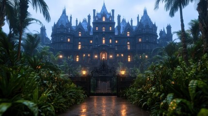 Mysterious Mansion with Gated Entrance and Lush Greenery at Dusk