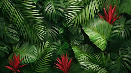 A vibrant array of green leaves with red accents in a lush tropical setting.